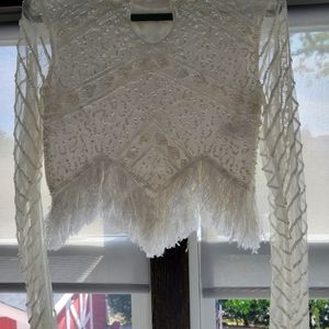 White embellished ASOS fringe top long sleeve Sz 12